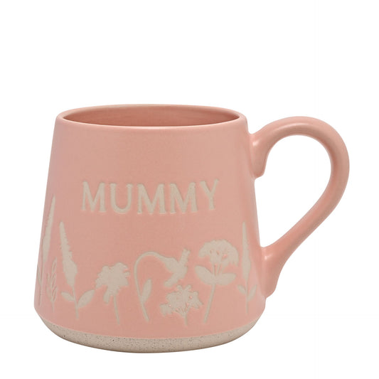 pink stoneware mug with mummy wording and carved flowers 