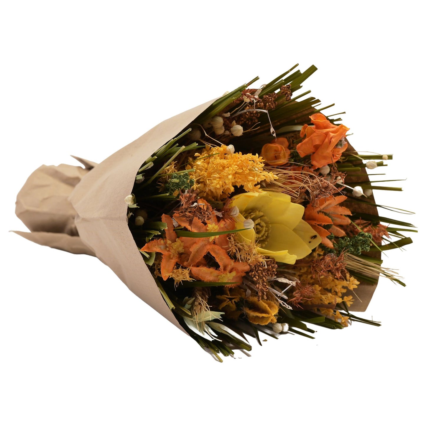 Bouquet of dried orange flowers wrapped in brown paper 25cm by hestia