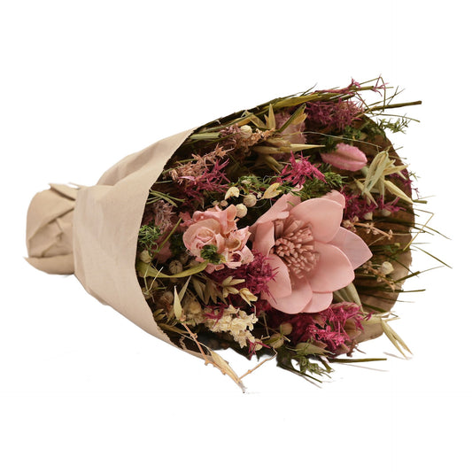 hestia pink dried flowers bouquet 25cm in brown paper wrapping
