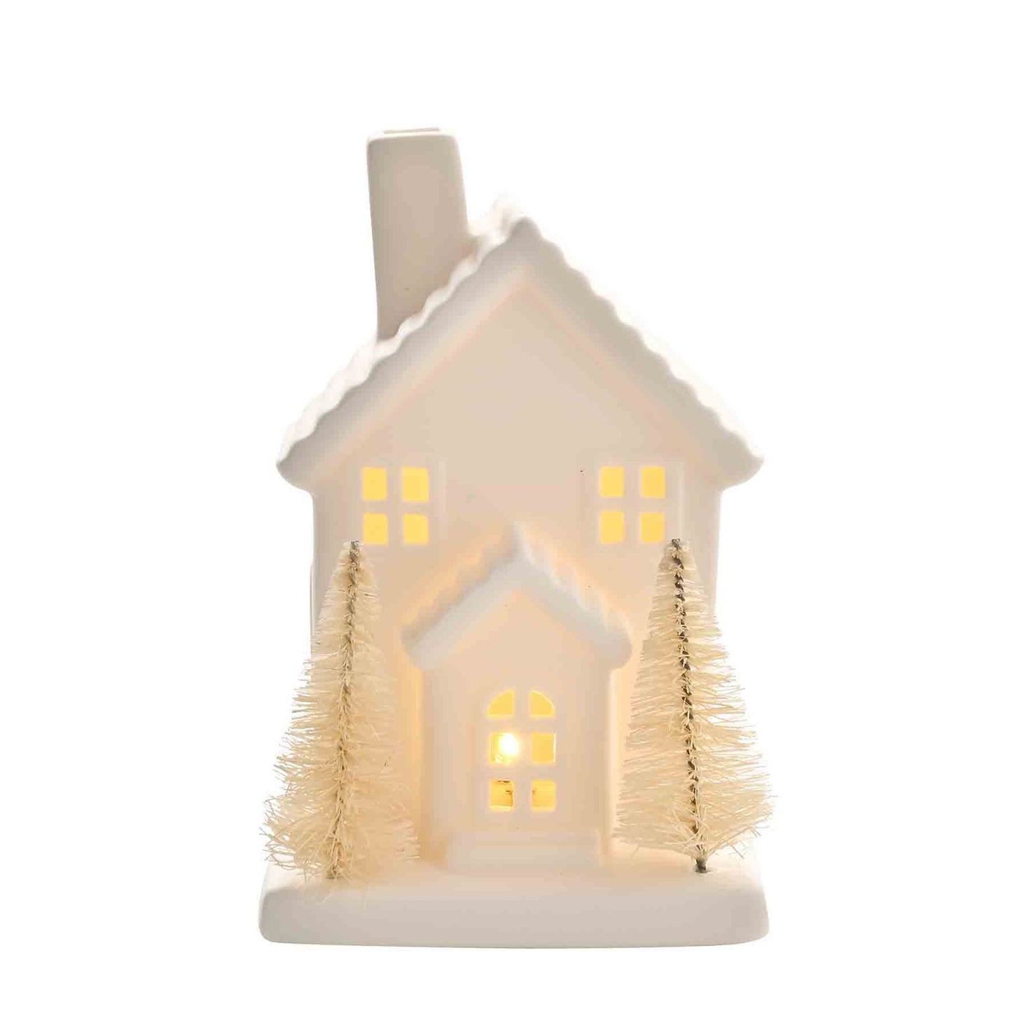 Ceramic led house with christmas trees out front in white