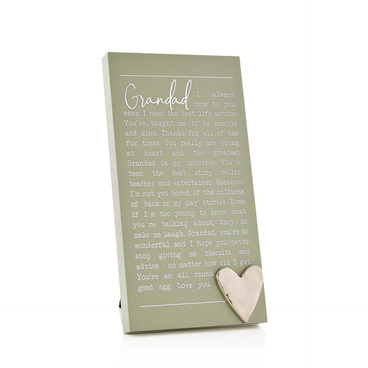 grandad green standing plaque with white sentimental wording and metal heart detail