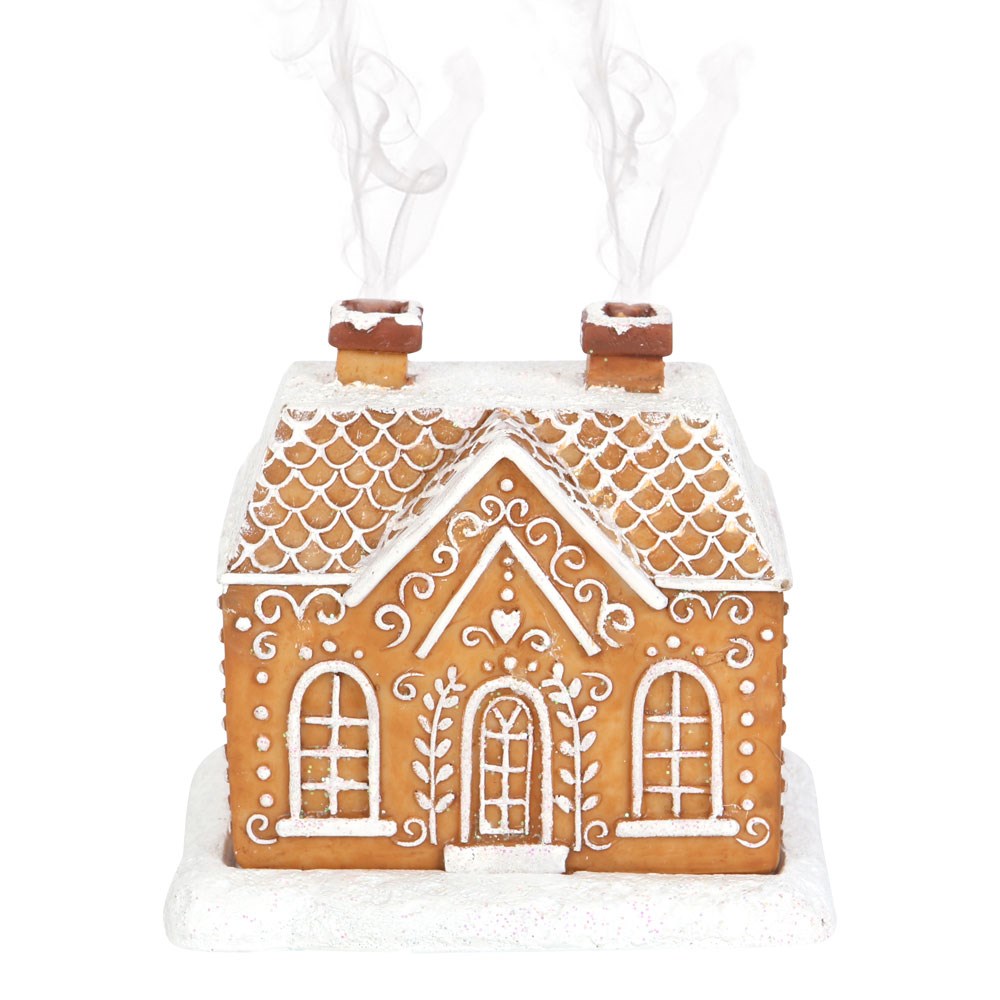 Gingerbread house incense cone burner with double chimney and snow roof