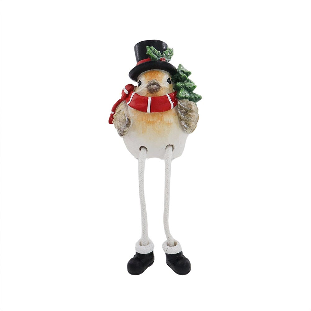 17cm resin robin shelf sitter ornament wearing a top hat and scarf with long dangling legs