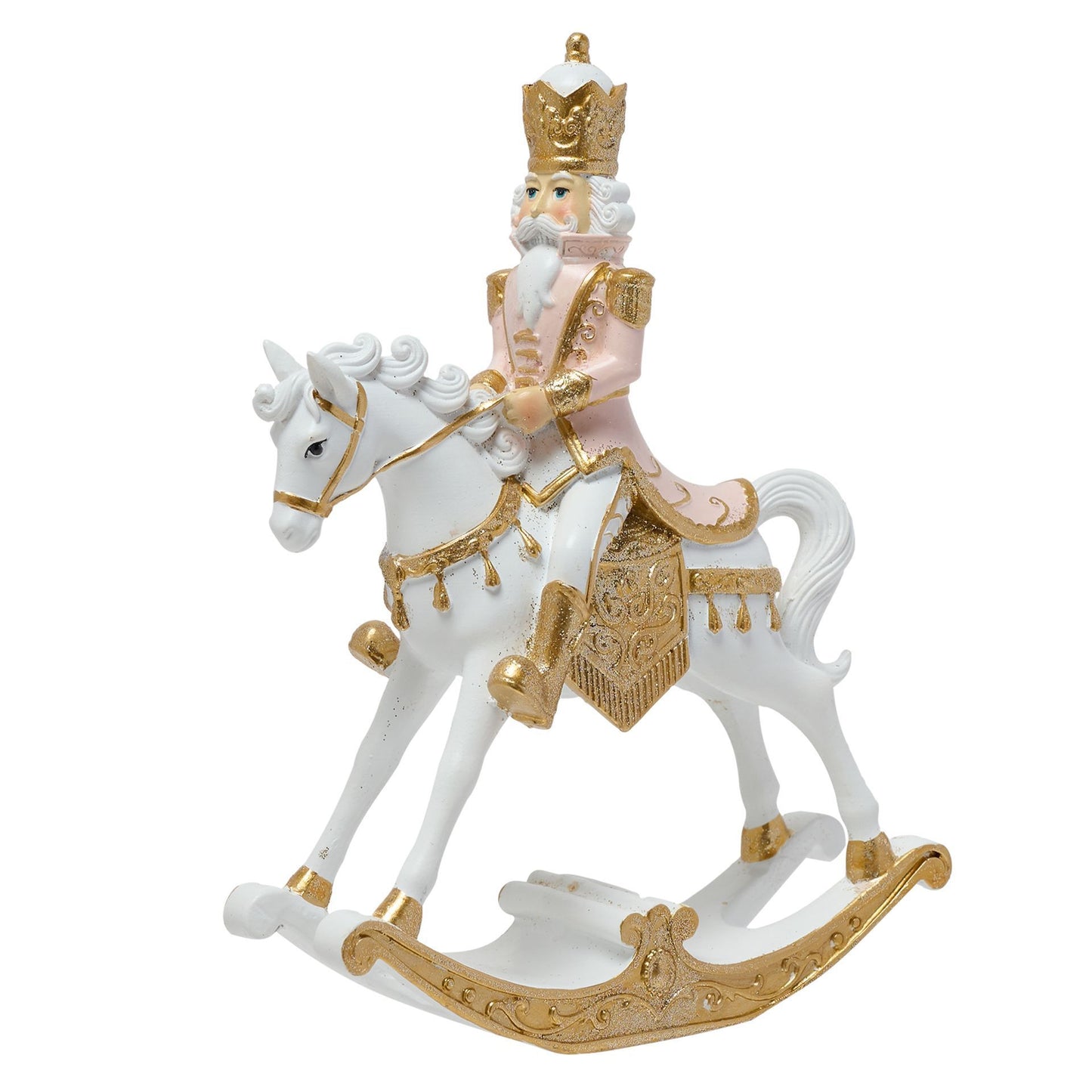 Pink nutcracker sitting on a white and gold rocking horse