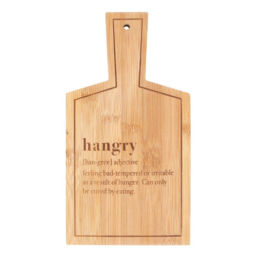 Bamboo serving board with fun Hangry font detail and handle 26.5cm