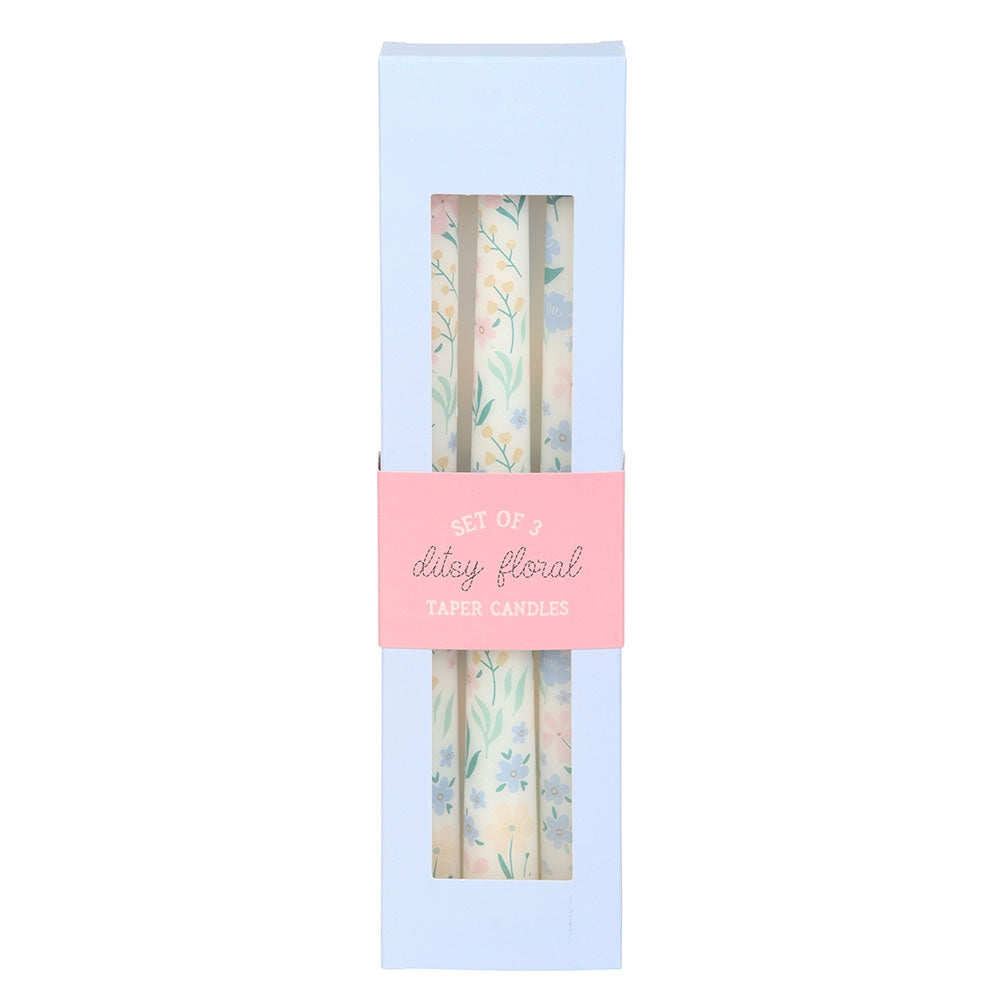 set of 3 ditsy floral taper candles in a gift box