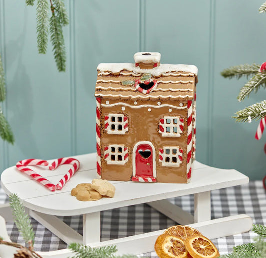 Gingerbread tea light ceramic house with heart cut out details