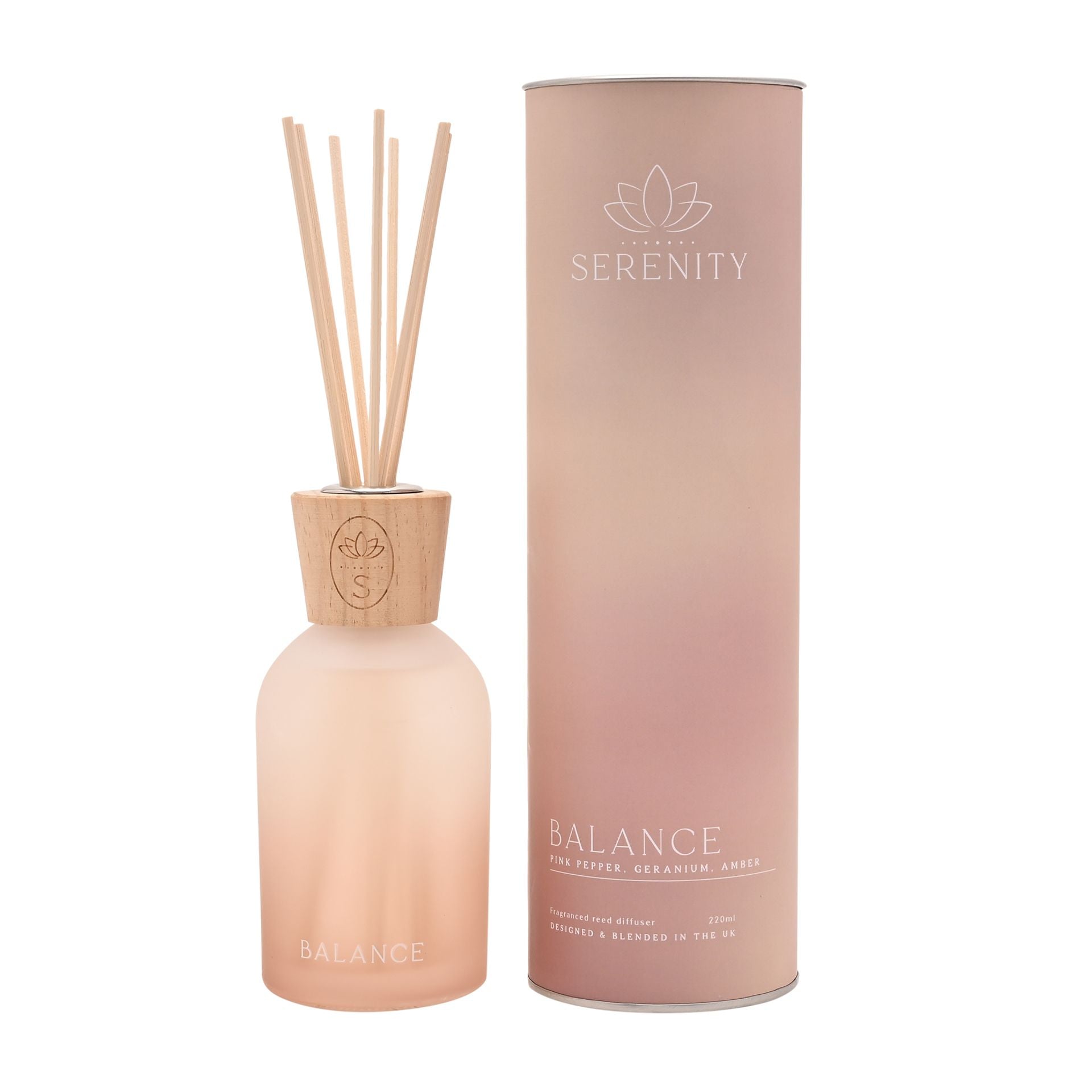 Serenity Balance Diffuser, filled with an invigorating blend of pink pepper, geranium, and amber, invites you to create a serene environment.
Its elegant glass bottle, adorned with a lotus flower logo