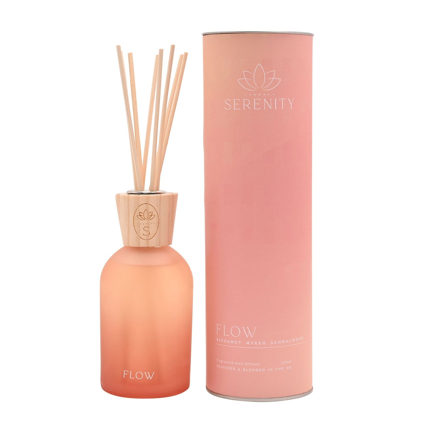 vibrant blend of ombre pink and orange hues in a glass bottle, adorned with an elegant wooden top with lotus flower logo.
Filled with 220ml of aromatic Bergamot, Myrrh, and Sandalwood fragrance made by serenity
