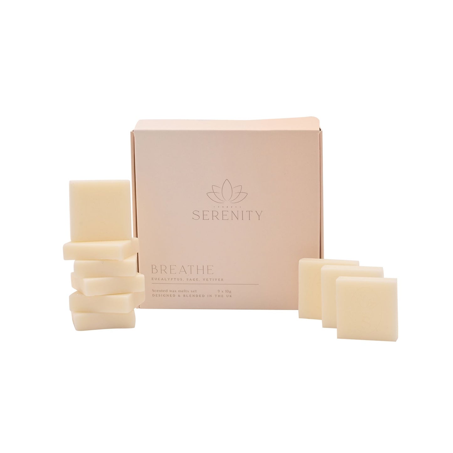 serenity breathe set of 9 wax melts eucalyptus sage and vetiver scented in a pink box