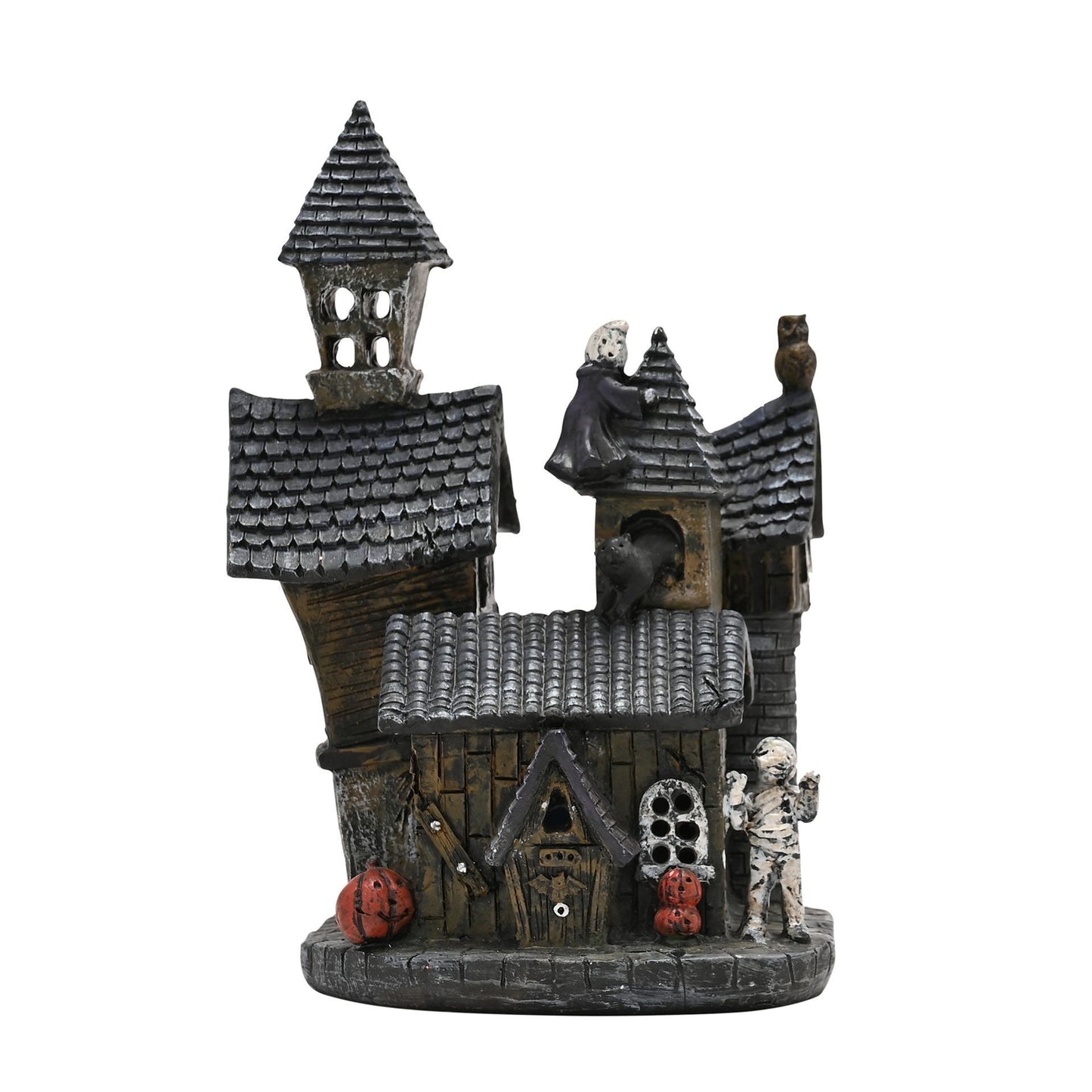 spooky house led ornament in black with ghosts, mummy and pumpkins