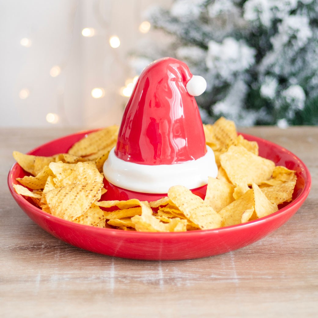 Santa hat ceramic chip and dip serving dish for Christmas parties, festive snacks and holiday entertaining