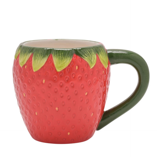 red and green strawberry mug with green handle and seed details by cottage garden