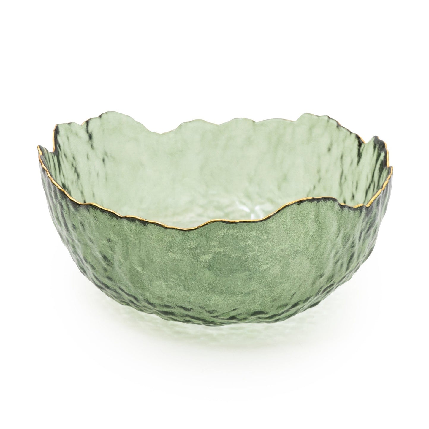large green glass wavy bowl with gold rim 20cm