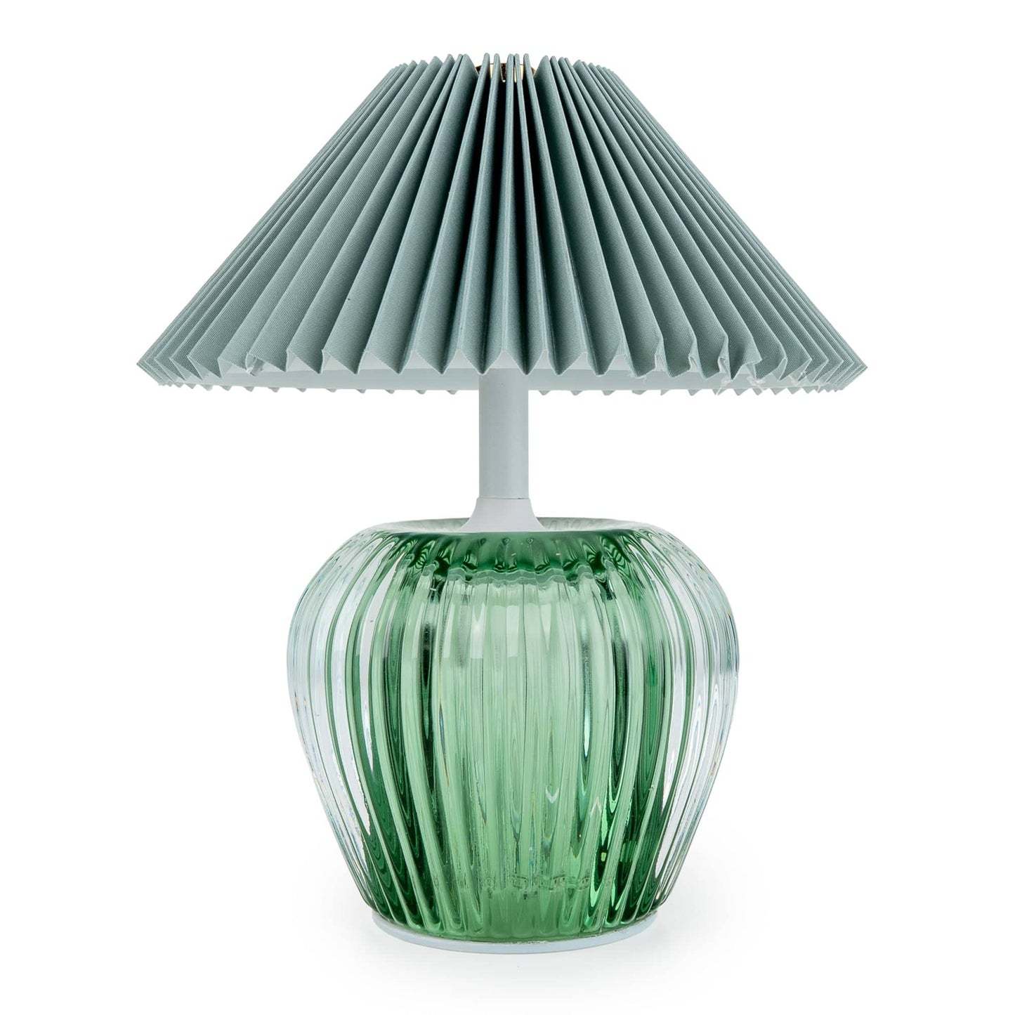 Green ribbed glass table lamp with pleated green shade