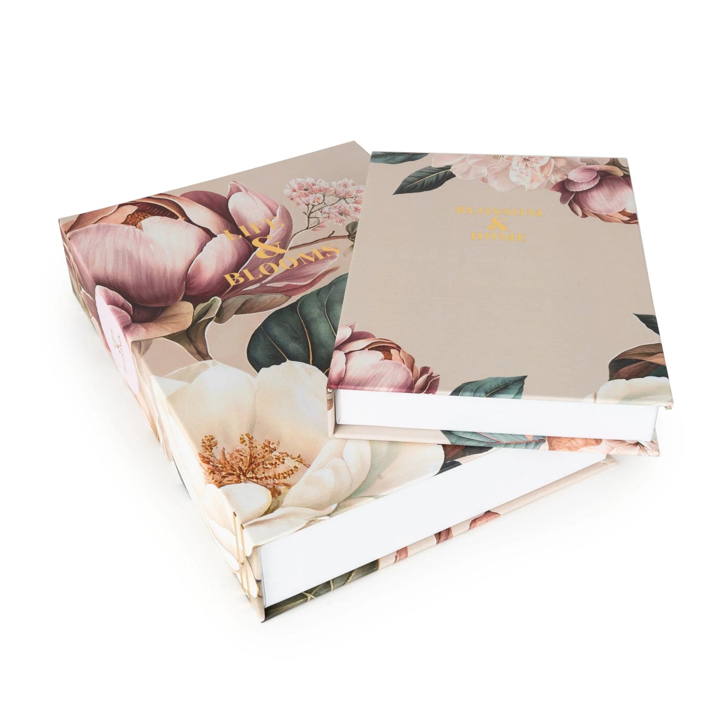 set of 2 faux storage boxes in peony with floral design