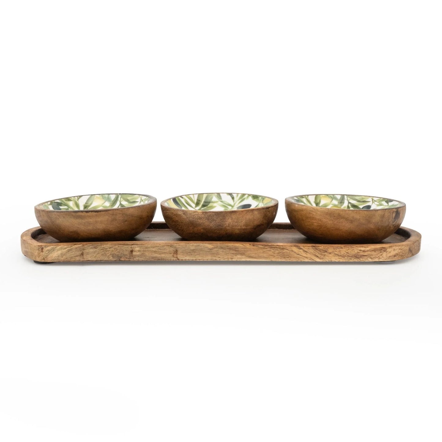 Set Of 3 Mango Wood Dipping Bowls with olive design and on a mango wood tray
