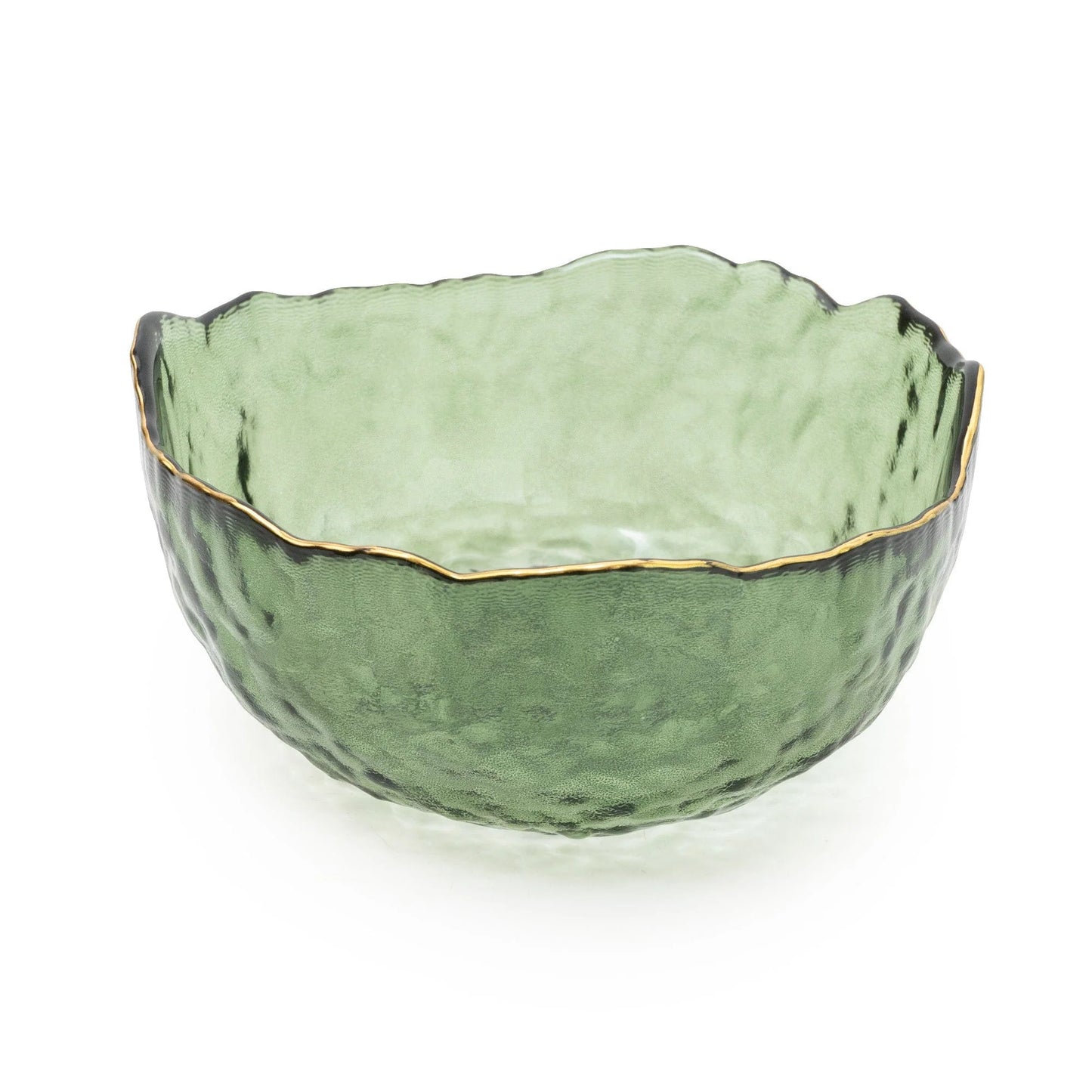 small Green glass bowl with a gold rim with wavy details 13cm