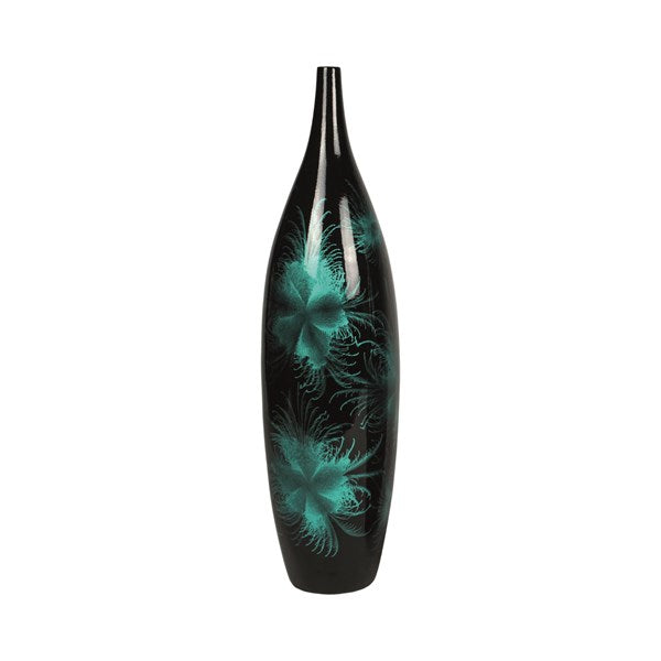 Blue Firework tall narrow neck ceramic vase 60cm with black and blue patterned design