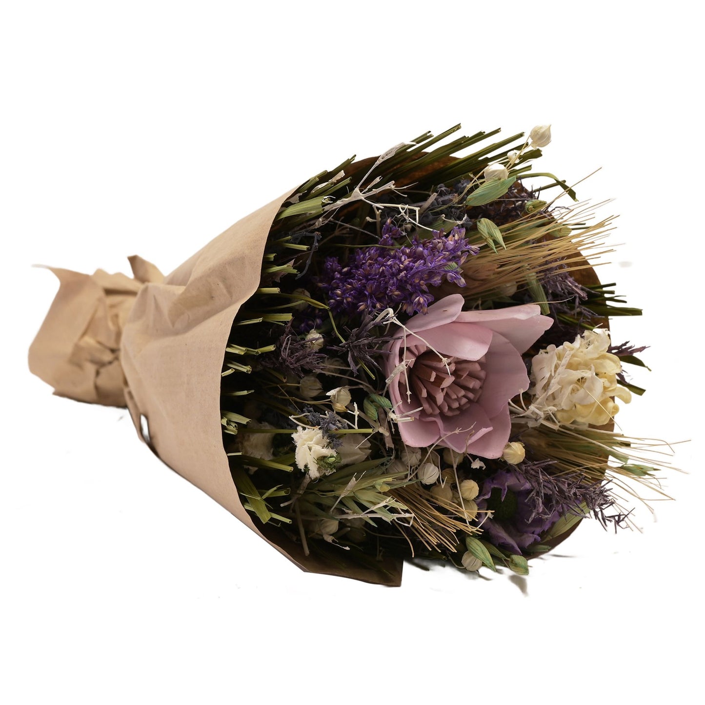 Bouquet of dried purple flowers wrapped in brown paper 25cm