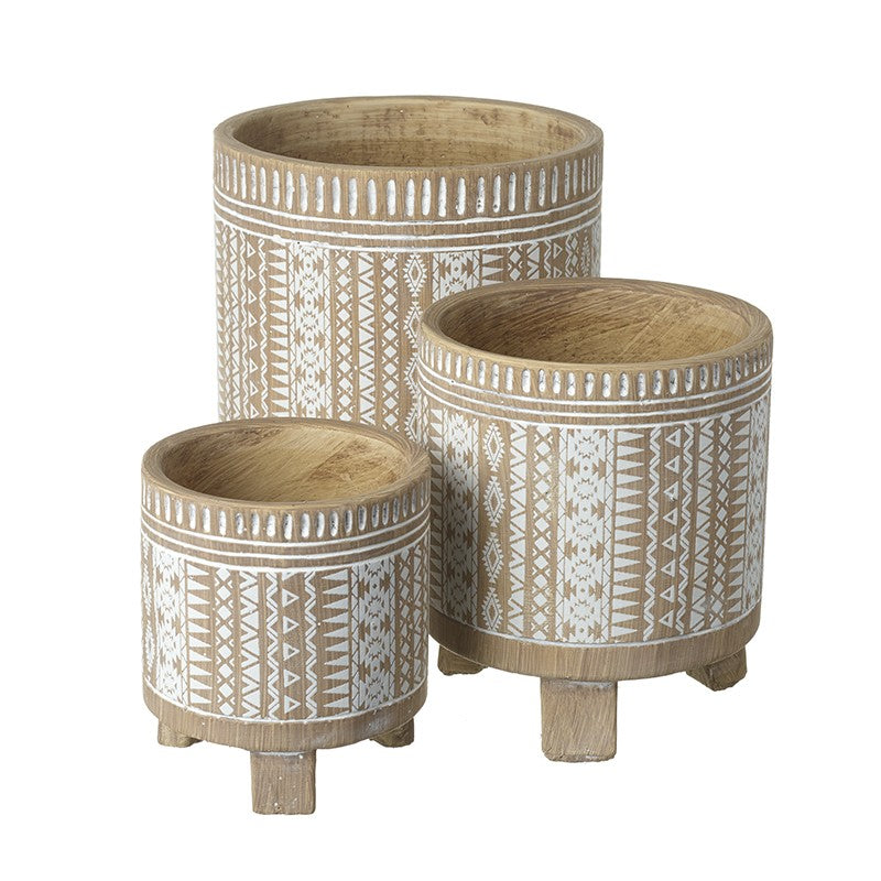 set of 3 wooden patterned plant pots with feet