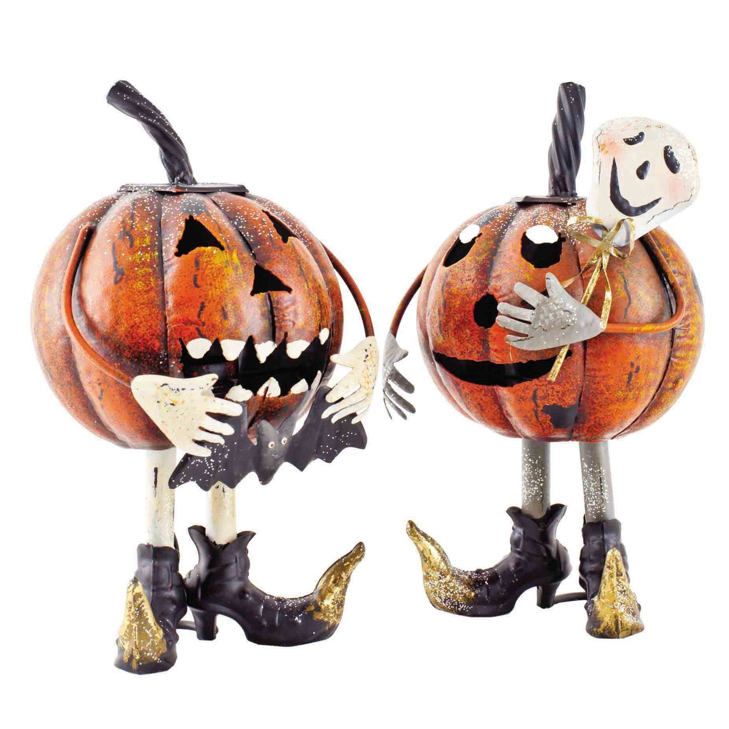 Two Halloween-themed pumpkin figures with skeletons and bats