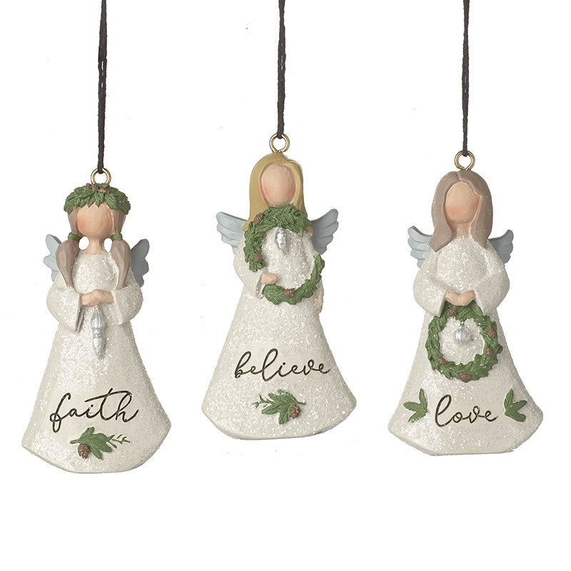 set 0f 3 tree angel decorations faith, believe & love