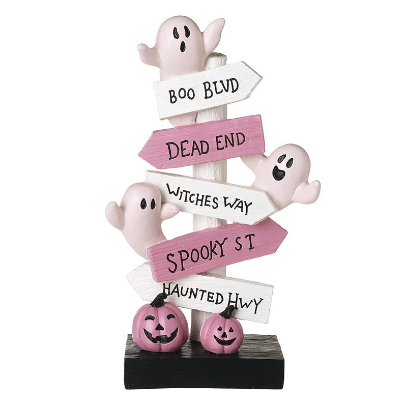 pink and white ghost street sign block and pink pumpkins