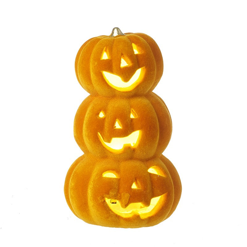 Light up ceramic trio of pumpkins stack Halloween decoration with warm LED glow for autumn home décor