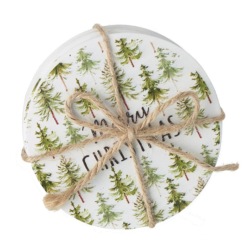 Set of four round coasters with Christmas tree pattern and 'Merry Christmas' text, tied with twine.