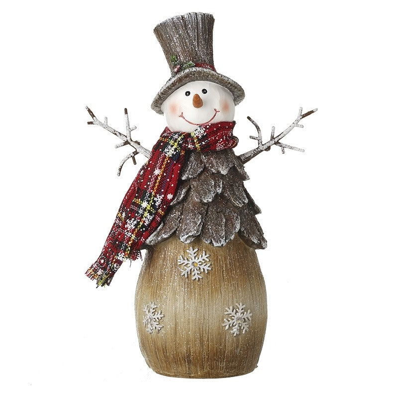 snowman 31cm with tartan scarf and twig arms tree and snowflake sign made resin
