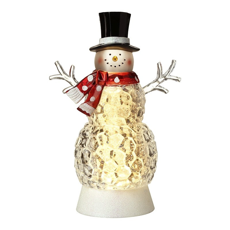 white snowman with glass stomach rotating glitter and black hat red scarf