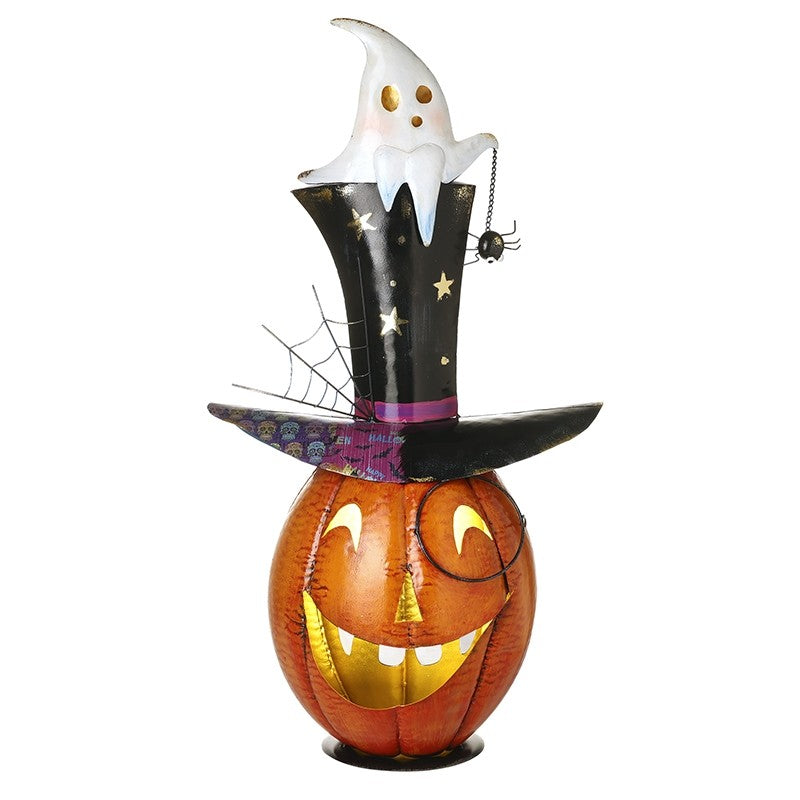 Halloween-themed decoration with a pumpkin, ghost, and top hat made from metal and a spider