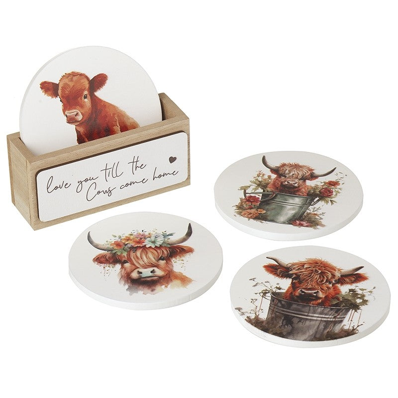 love you till the cows come home set of 4 highland cow coasters in a wooden box