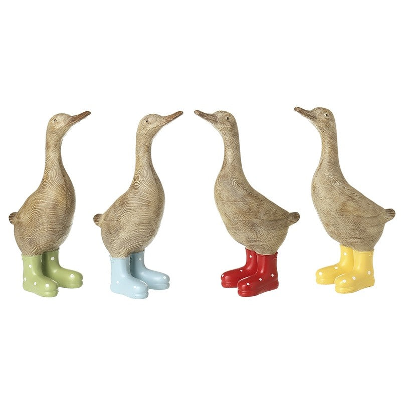 WOODEN DUCKS MADE FROM RESIN 20CM TALL WEARING COLOURFUL BOOTS WITH WHITE SPOTS