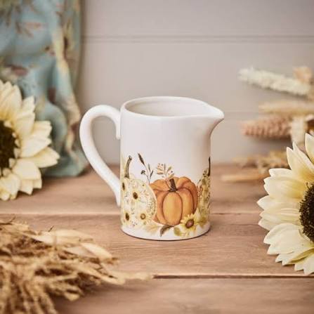 Autumn Pumpkin Watercolour Ceramic Jug in white with orange pumpkin floral design, decorative farmhouse vase for autumn, Halloween and Thanksgiving home décor