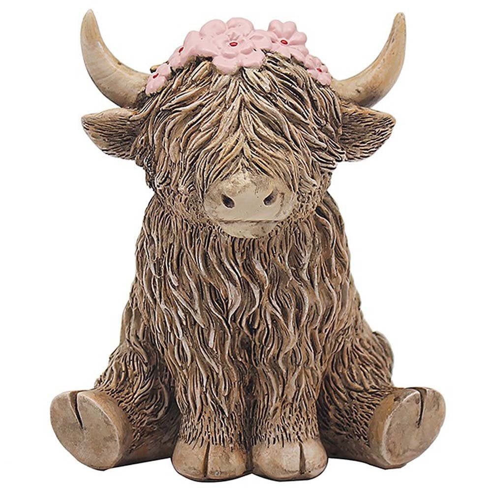 Highland cow ornament wearing a flower crown