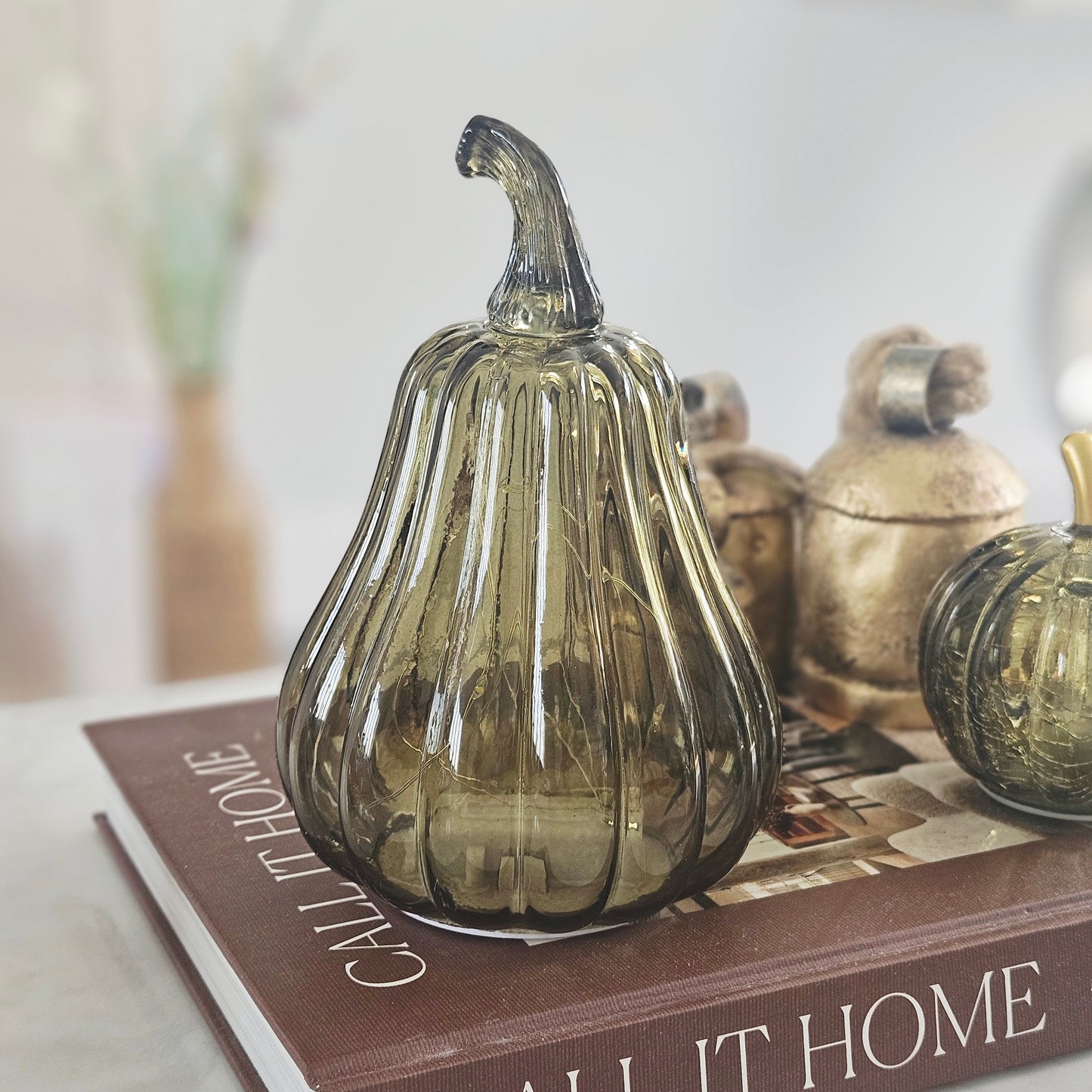 Tall Green LED Glass Pumpkin Decoration | Elegant Light Up Autumn Pumpkin Ornament