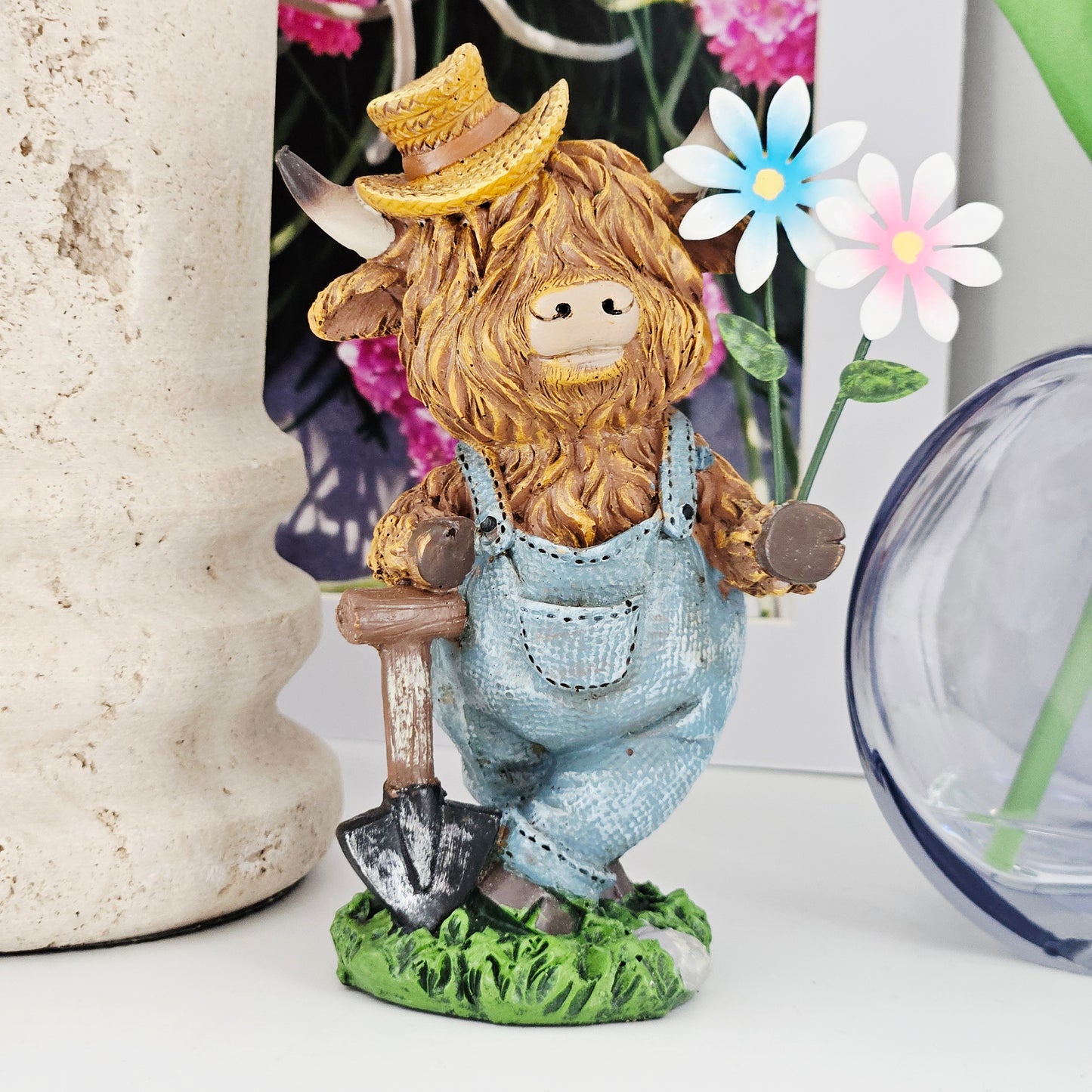 Highland Cow Holding Flowers