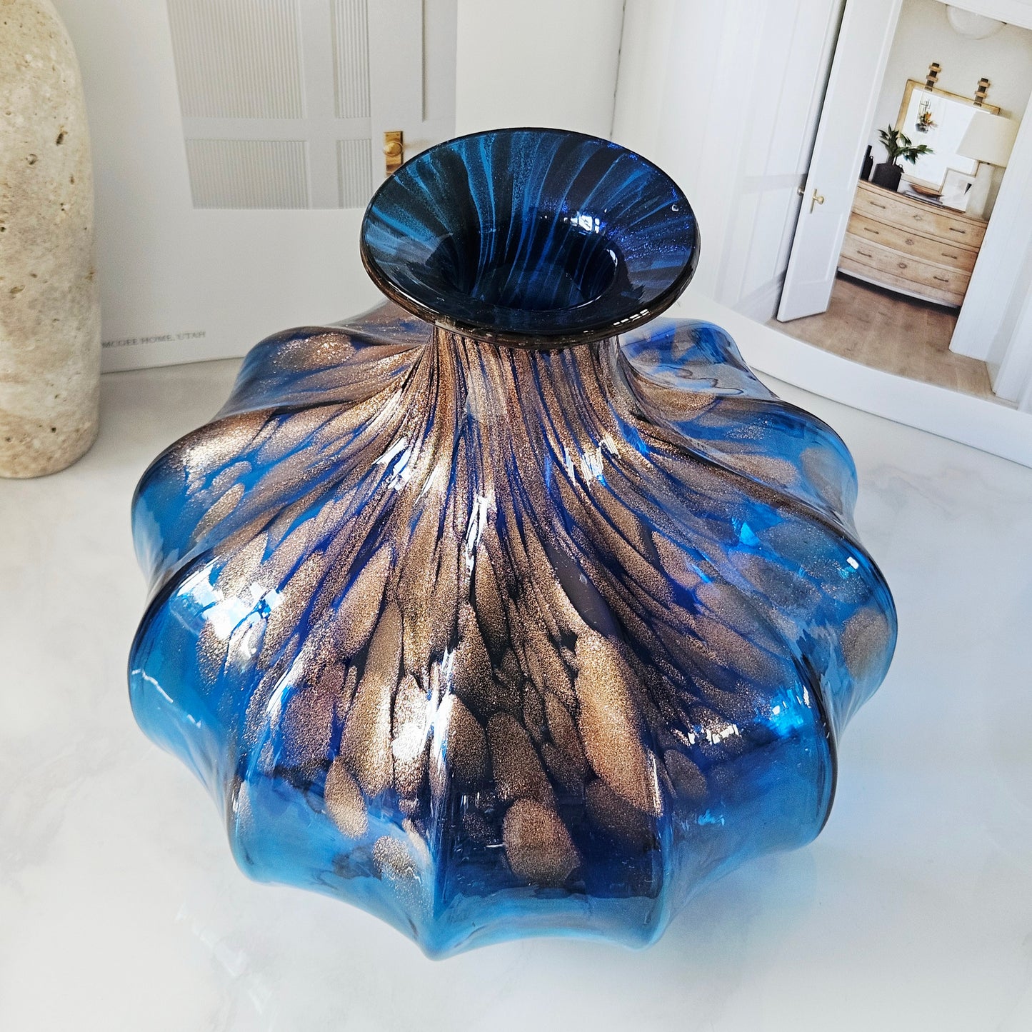 Objects d'Art Blue & Bronze Glass Vase 22cm
