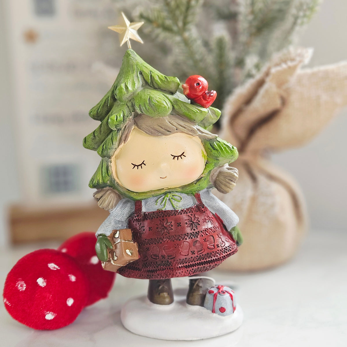 Woodland Noel Standing Resin Christmas Girl with Tree Hat & Gift