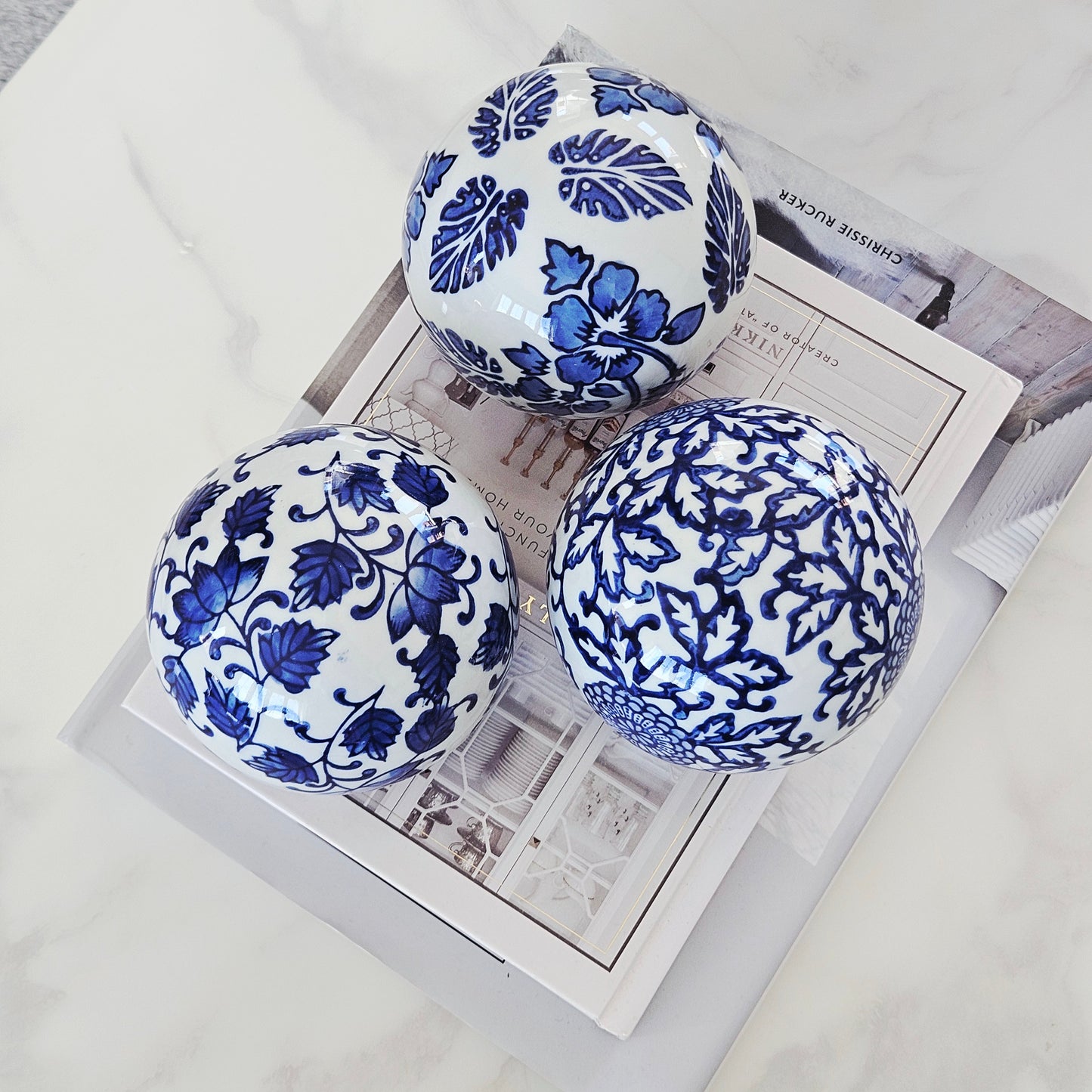 sumatra decorative blue and white round balls 10cm set of 3