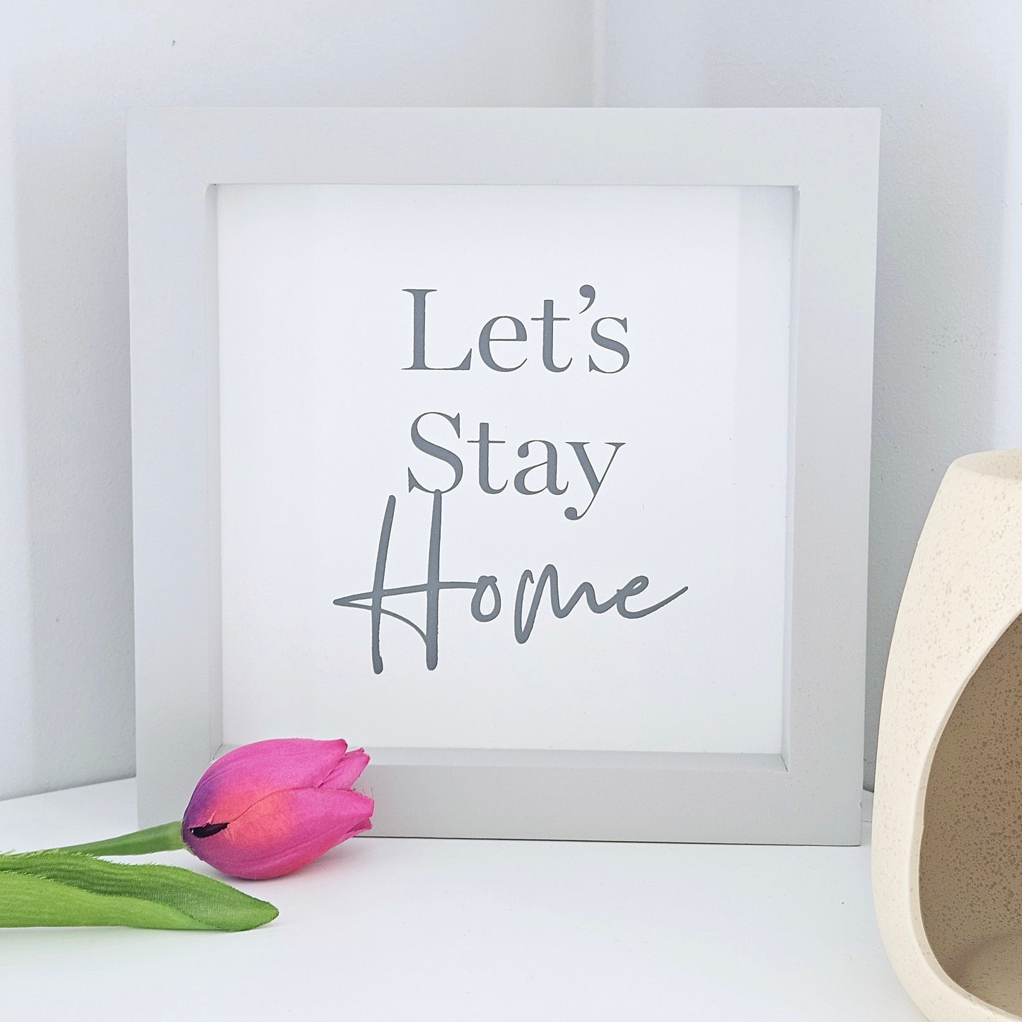 let's stay home white and grey wooden plaque 22cm