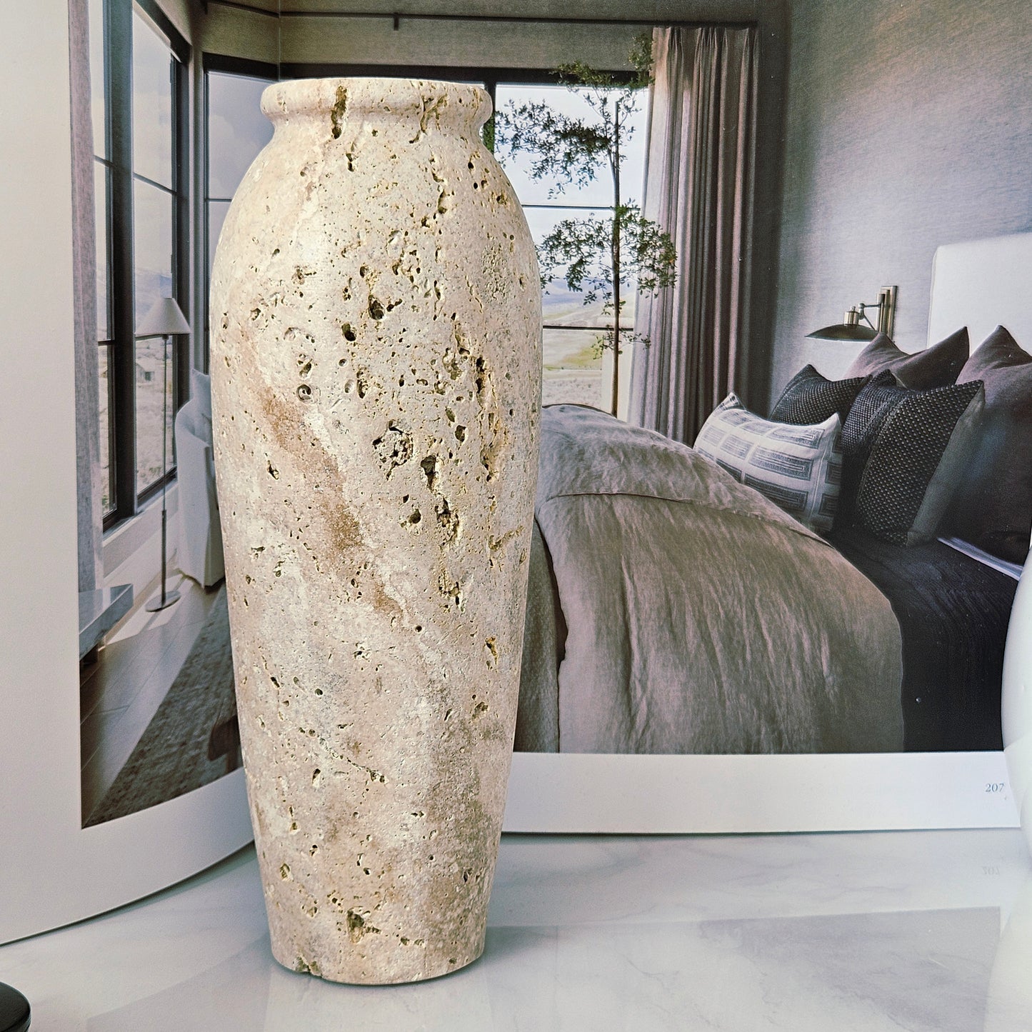 travertine earthy decorative vase 20cm heavy by hestia