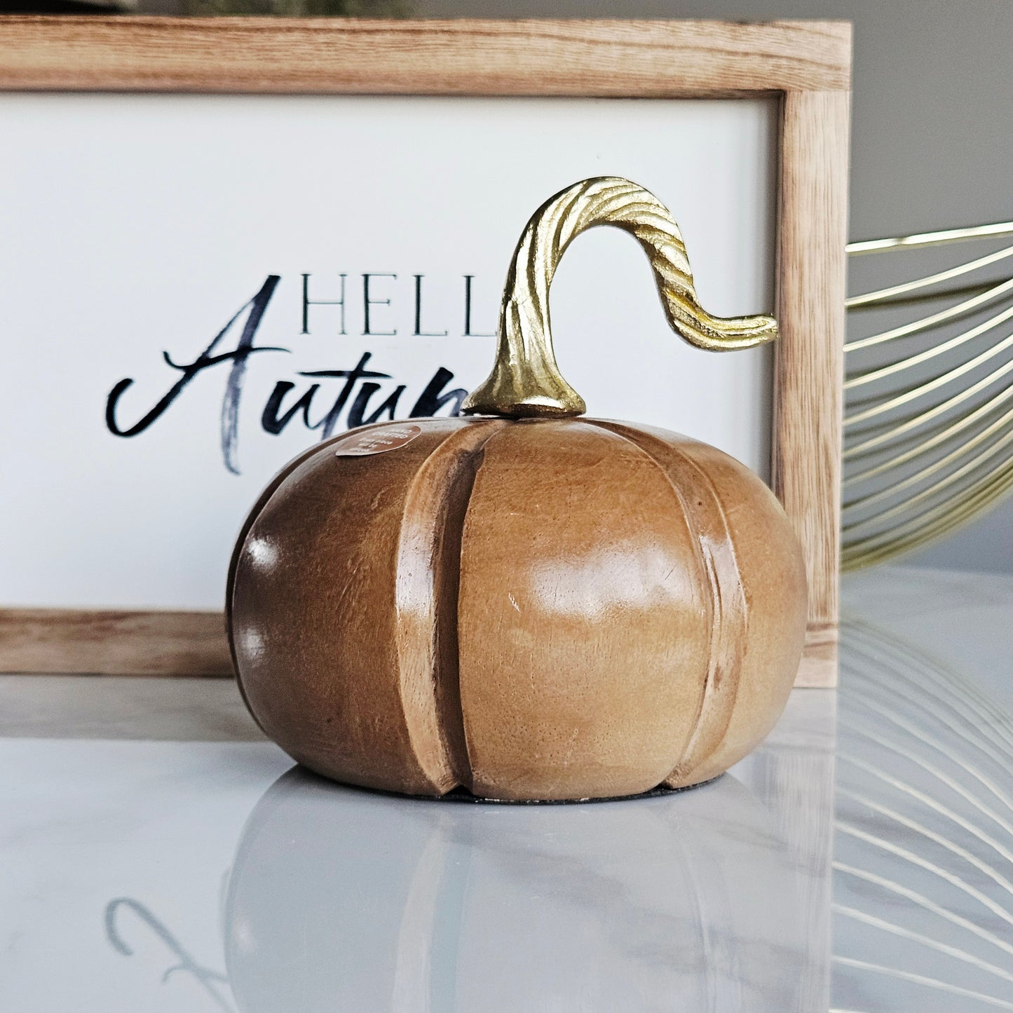 mango wood pumpkin with gold metal stem uniquely handcrafted
