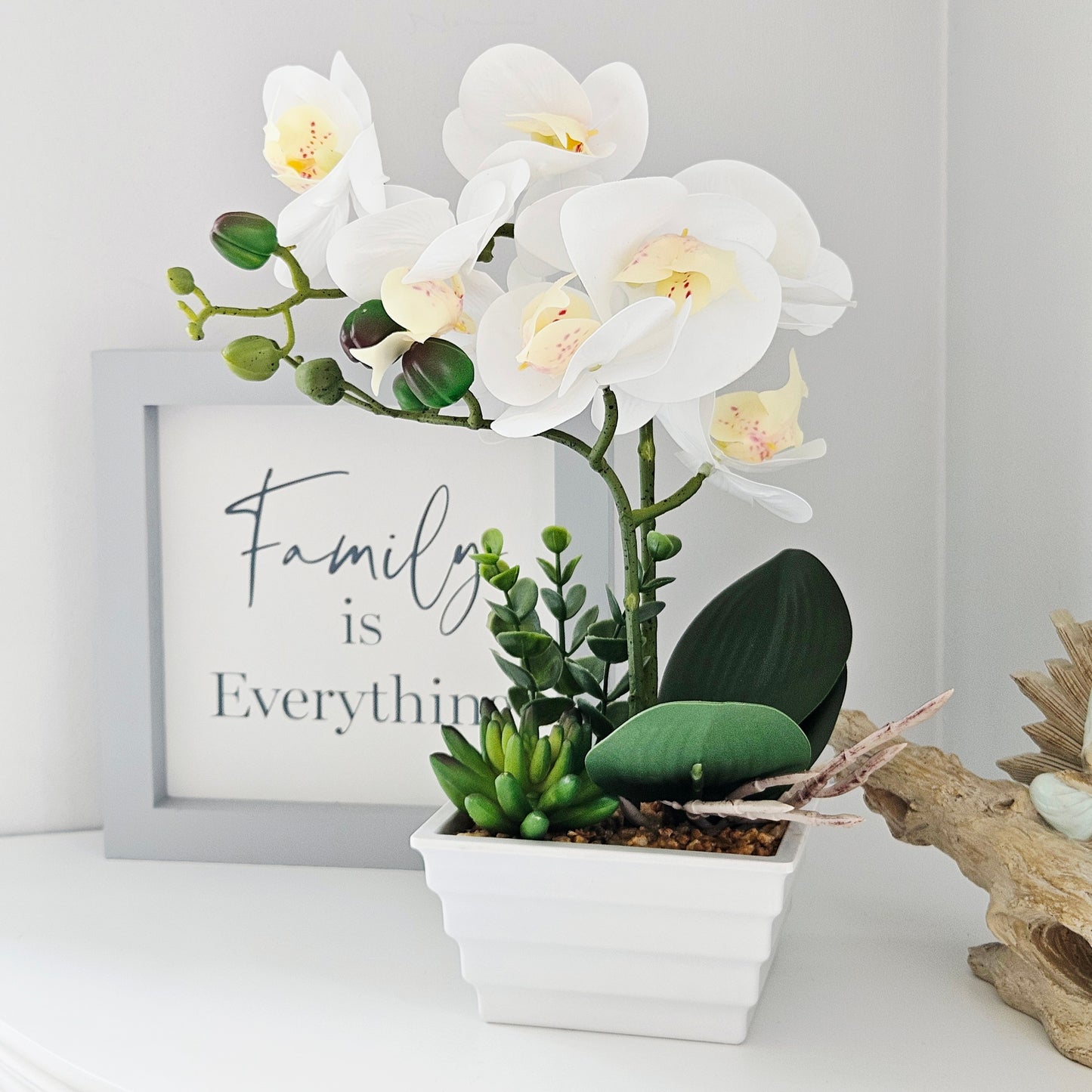 artificial orchid 30cm in white pot with pebbles