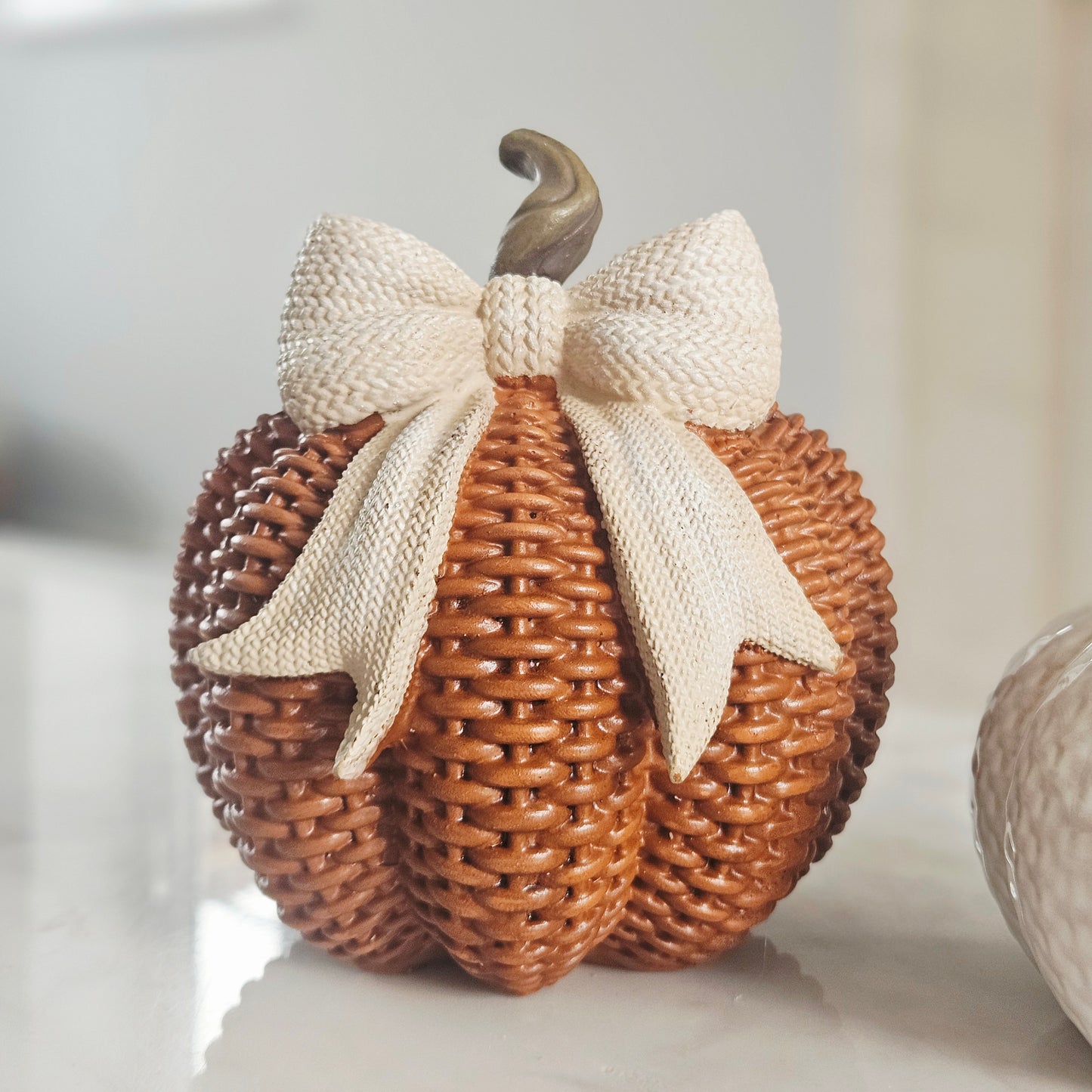 Rattan Style Pumpkin With Bow | Autumn Home Décor