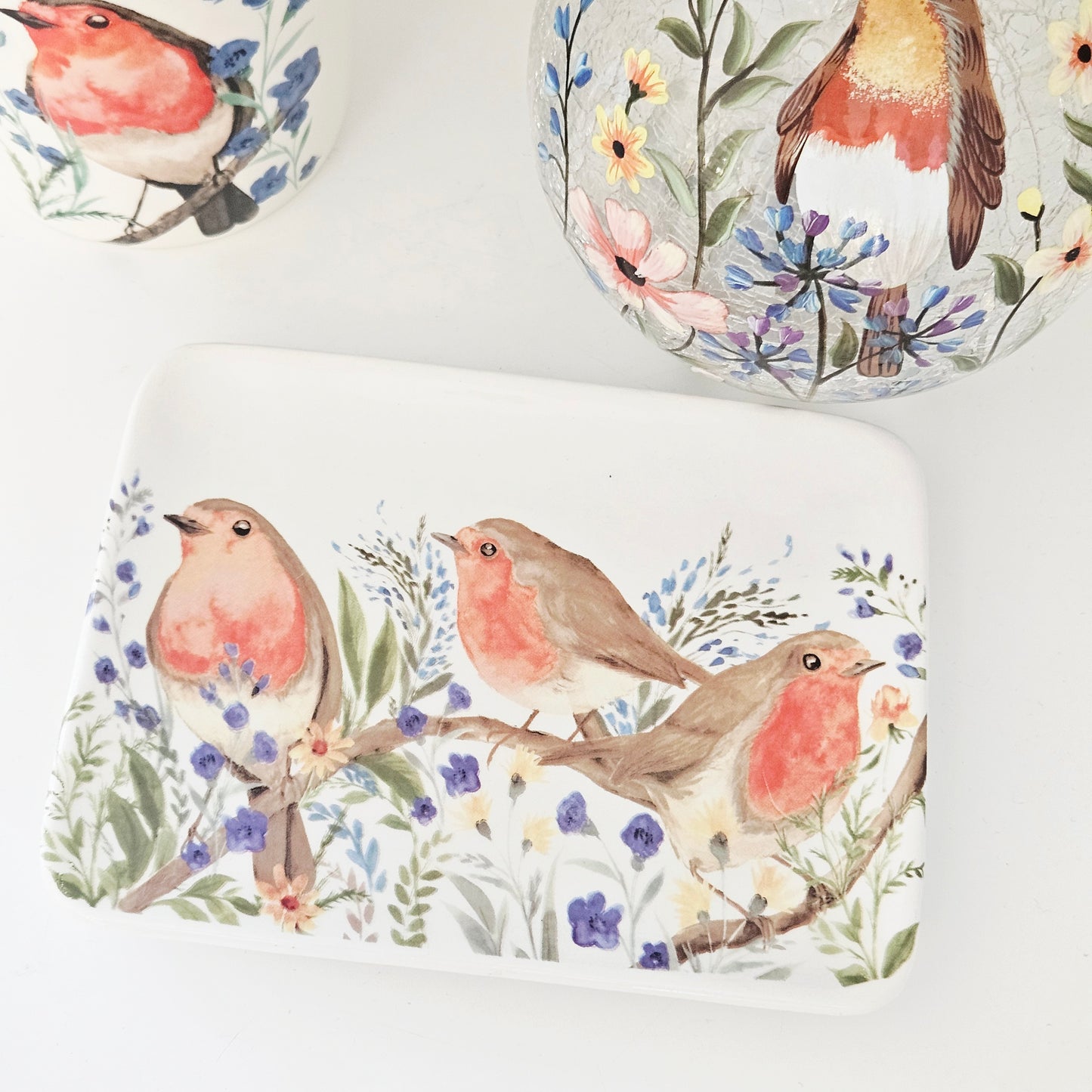 ceramic Decorative trinket plate with robin designs and floral patterns