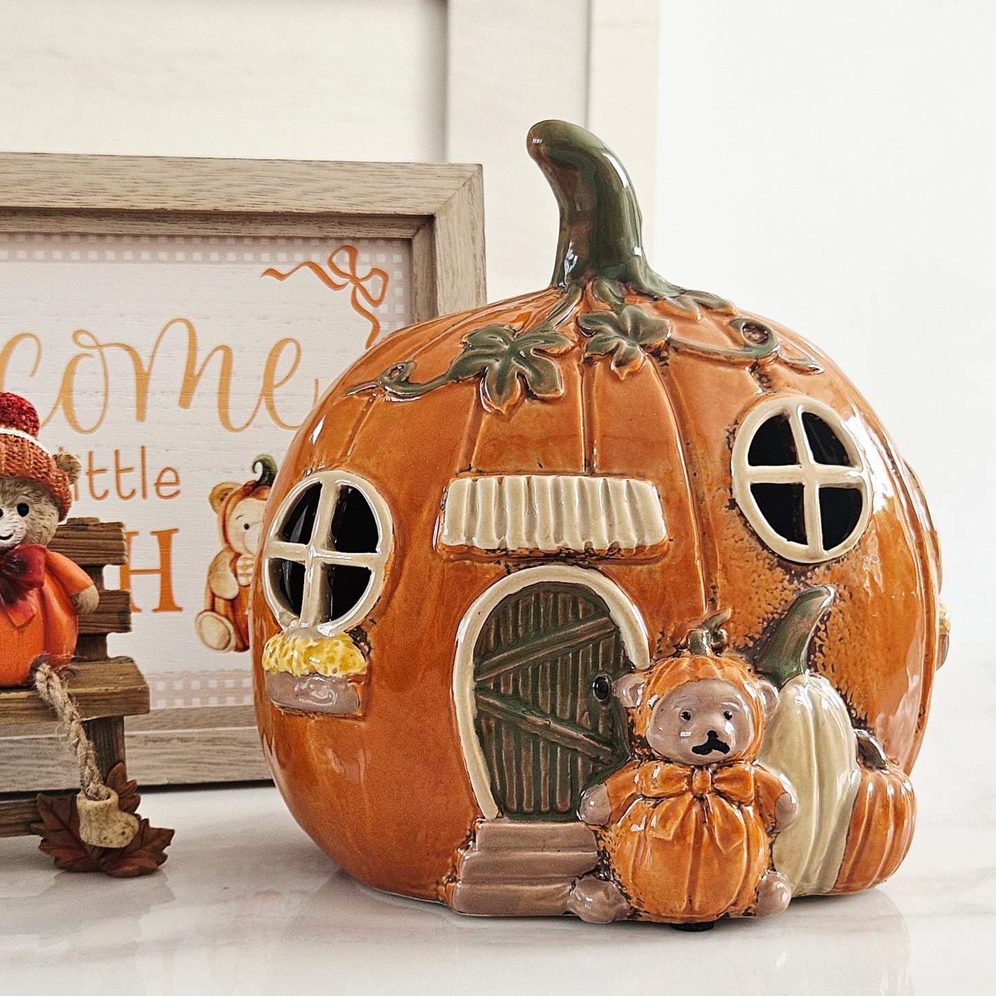 Stoneware Pumpkin House Tea Light Holder | Hand Painted