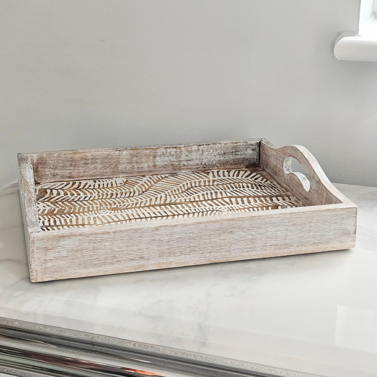 Patterned Wooden Tray 31cm | White Wash Decorative Tray